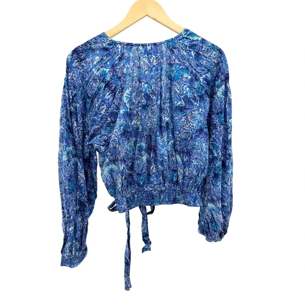 Free People Ruffle Cotton Wrap Top M Blue Floral Paisley Balloon Sleeve Festival